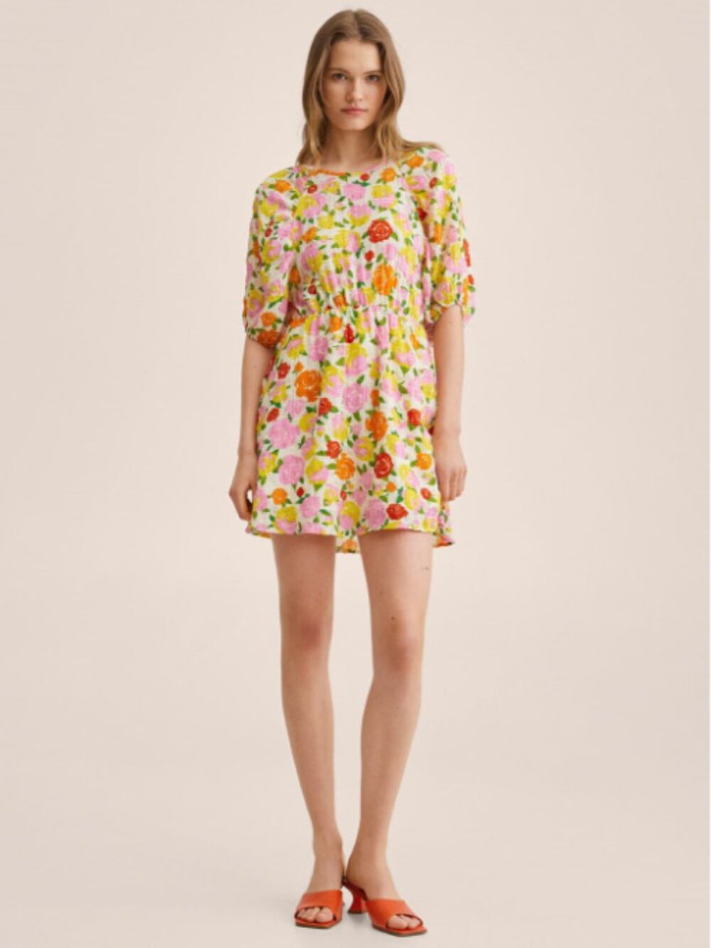 MANGO MNG Floral Puff Sleeve Dress